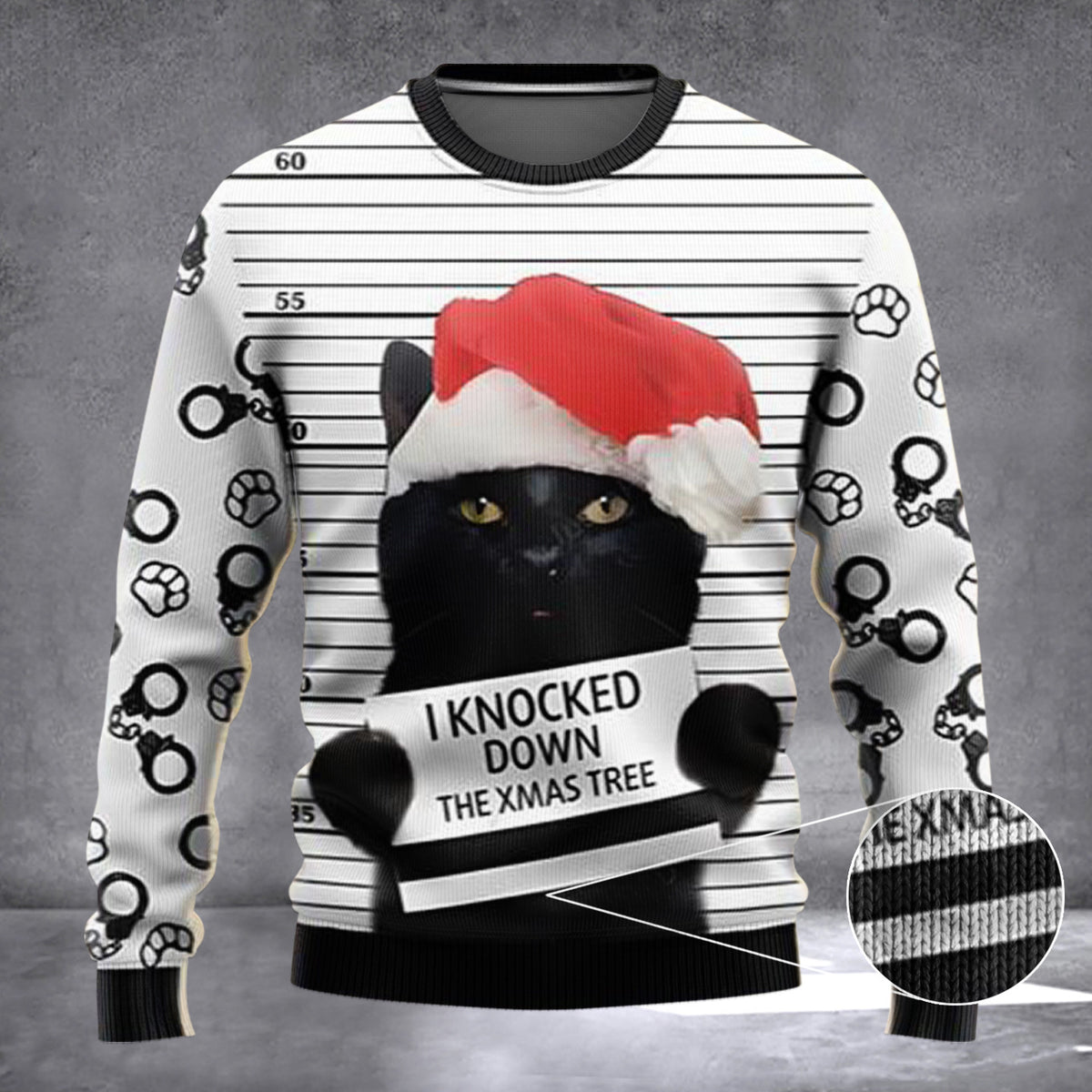 Black Cat Knocked Down Ugly Christmas Sweater Funny Cat Mug Shot Xmas Sweater - Zadago