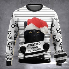 Black Cat Knocked Down Ugly Christmas Sweater Funny Cat Mug Shot Xmas Sweater - Zadago