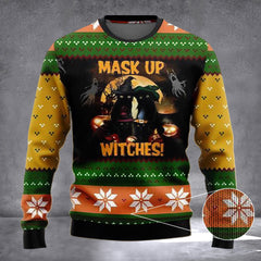 Black Cat Mask Up Witches Ugly Christmas Sweater Funny Black Cat Halloween Xmas Gifts - Zadago