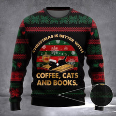 Christmas Is Better With Coffee Cats And Books Sweater Xmas Gifts For Cat Lovers - Zadago