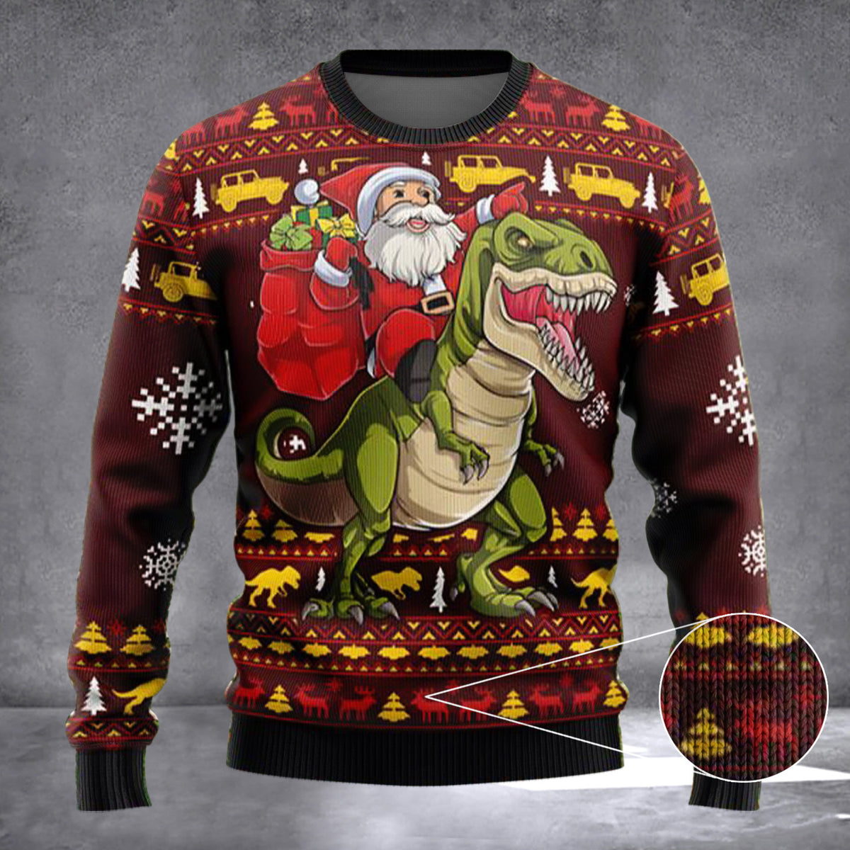 Santassic Park Riding Dinosaur Ugly Christmas Sweater Santa Riding T-Rex Xmas Sweater - Zadago
