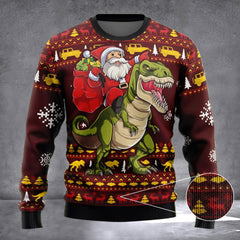 Santassic Park Riding Dinosaur Ugly Christmas Sweater Santa Riding T-Rex Xmas Sweater - Zadago