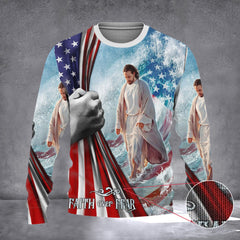 Jesus Christ Inside American Flag Sweater Faith Over Fear Christian Sweater Gifts For Christmas - Zadago