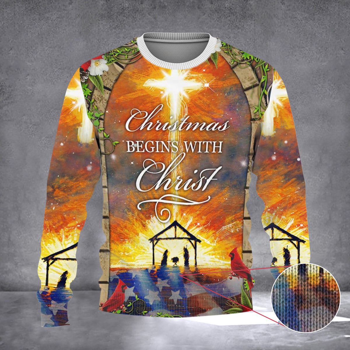 Christmas Begins With Christ Sweater The Birth Of Jesus Ugly Christmas Sweater Patriotic Merch - Zadago