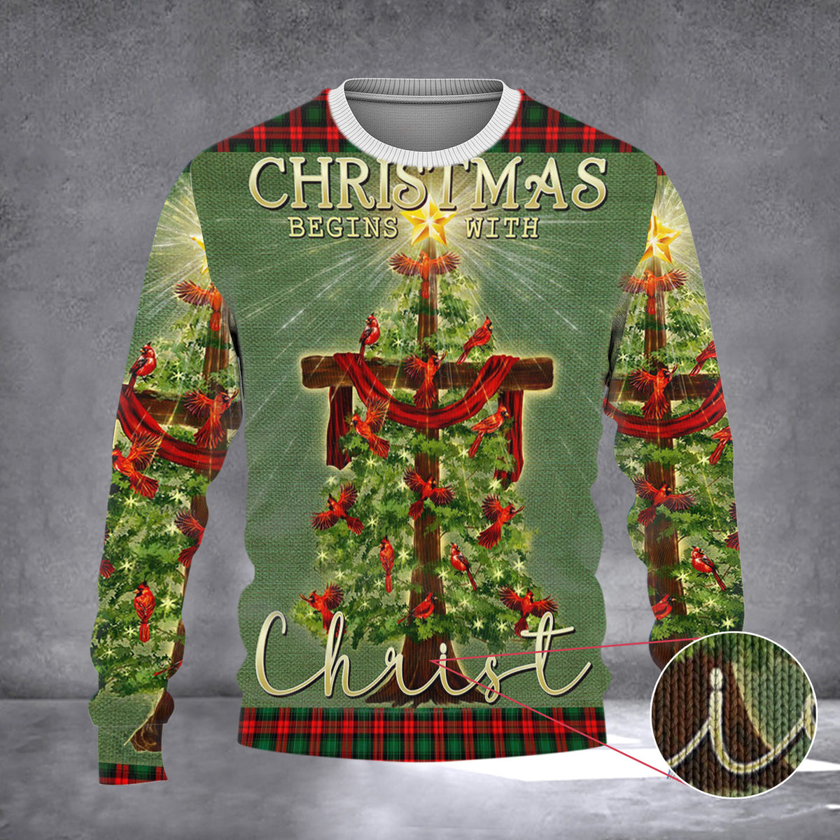 Christmas Begins With Christ Ugly Xmas Sweater Cardinals Christmas Tree Christian Sweater - Zadago