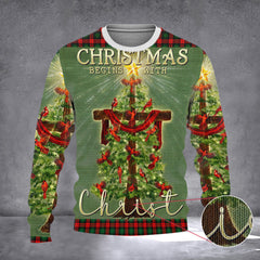 Christmas Begins With Christ Ugly Xmas Sweater Cardinals Christmas Tree Christian Sweater - Zadago