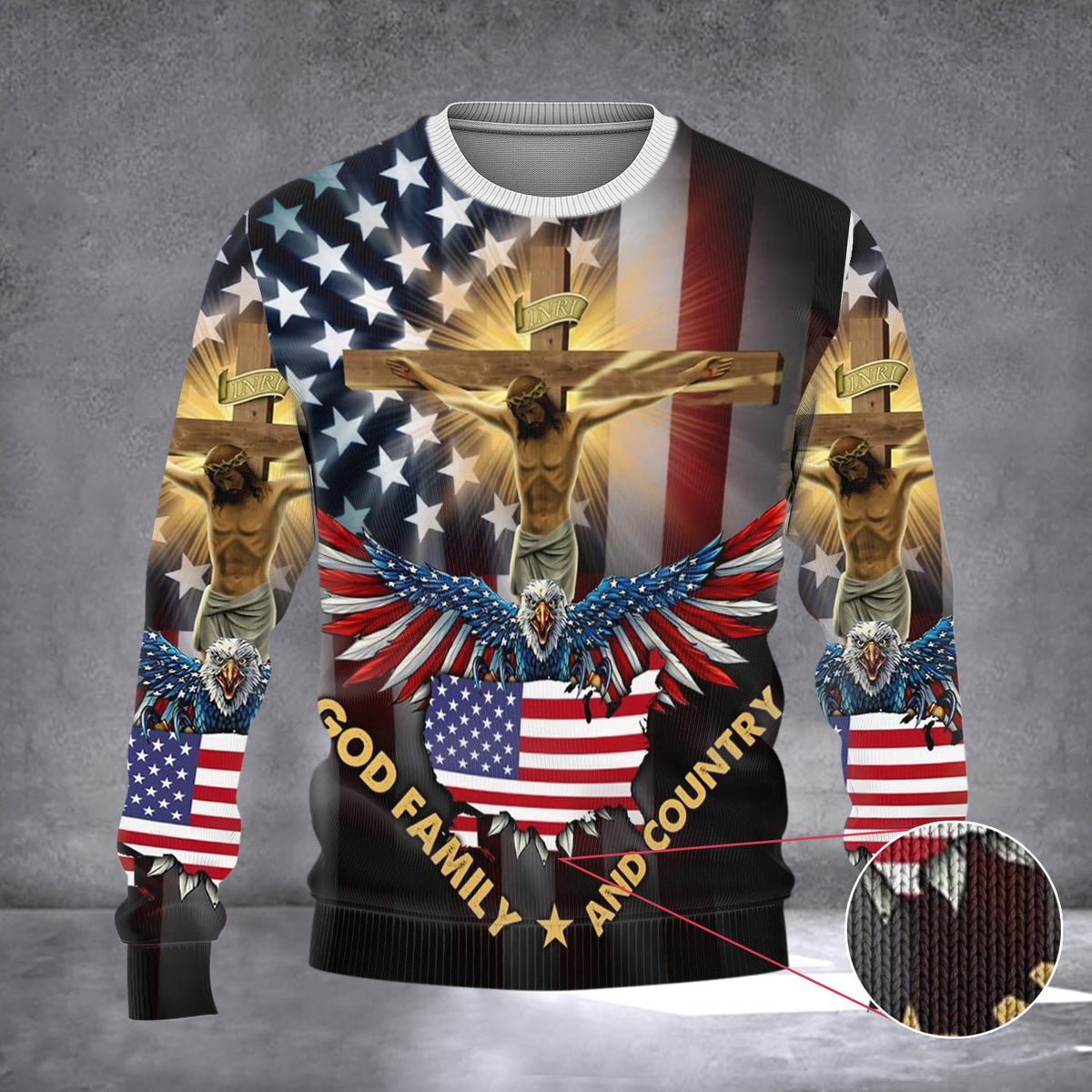 God Family And Country American Flag Sweater Patriotic Eagle Jesus Sweater Gifts For Christian - Zadago