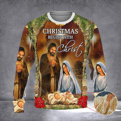 The Birth Of Jesus Nativity Ugly Christmas Sweater Christmas Begins With Christ Xmas Sweater - Zadago