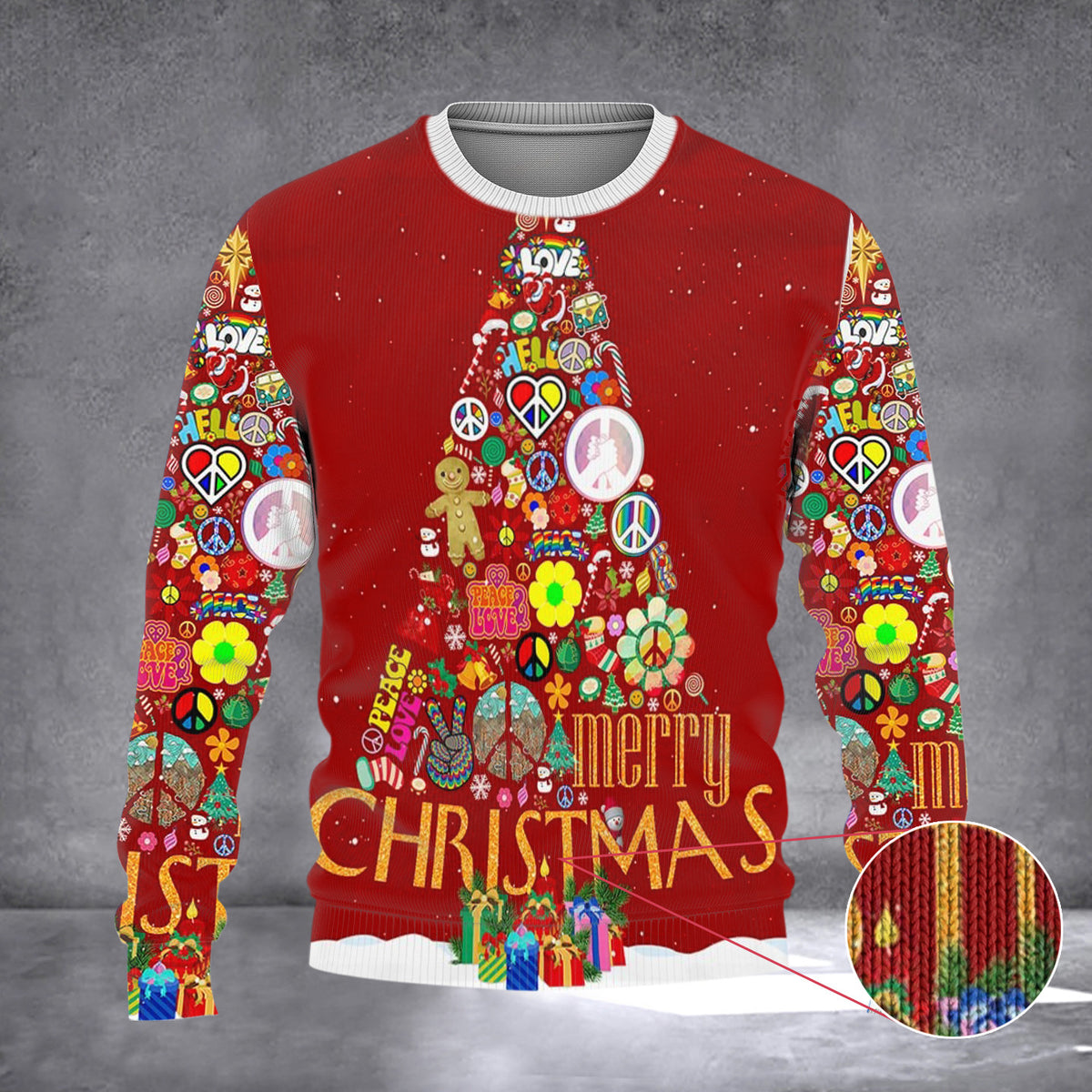 Hippie Christmas Tree Sweater Peace Love Ugly Christmas Sweater Gifts For Family - Zadago
