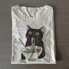 Black Cat Eating Ramen T-Shirt Cute Cat Graphic Tee Themed Gifts For Ramen Lovers - Zadago