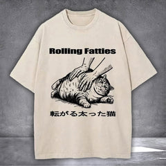 Fat Cat Rolling Fatties Washed T-Shirt Japanese Funny Cat Graphic Tee Themed Gifts - Zadago