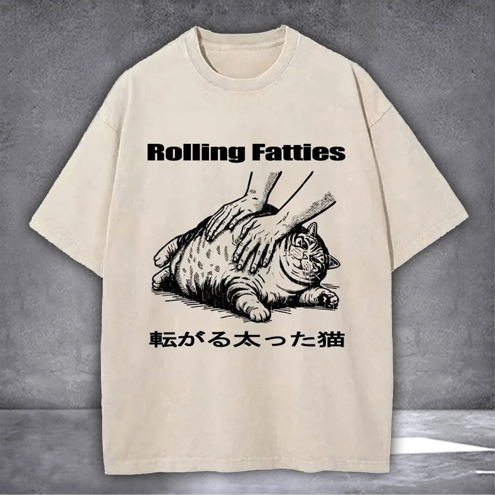 Fat Cat Rolling Fatties Washed T-Shirt Japanese Funny Cat Gifts For Cat Lovers - Zadago