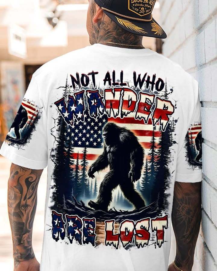 Bigfoot Not All Who Wander Are Lost T-Shirt Men's Sasquatch Graphic Tee Father's Day Gifs - Zadago