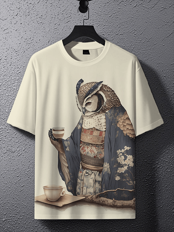 Kimono Owl Drinking Tea Japanese Art Print T-Shirt Gifts For Owl Lovers - Zadago