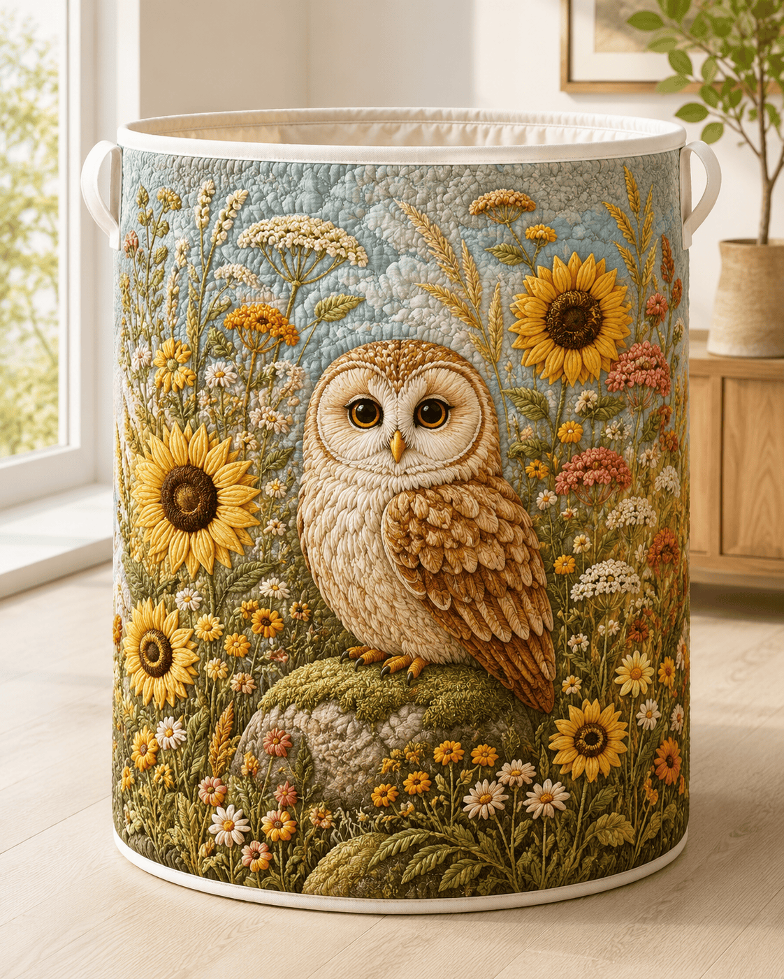 Autumn Sunflower Owl Meadow Quilted Laundry Basket Forest Animal Storage Bin Gift For Mom