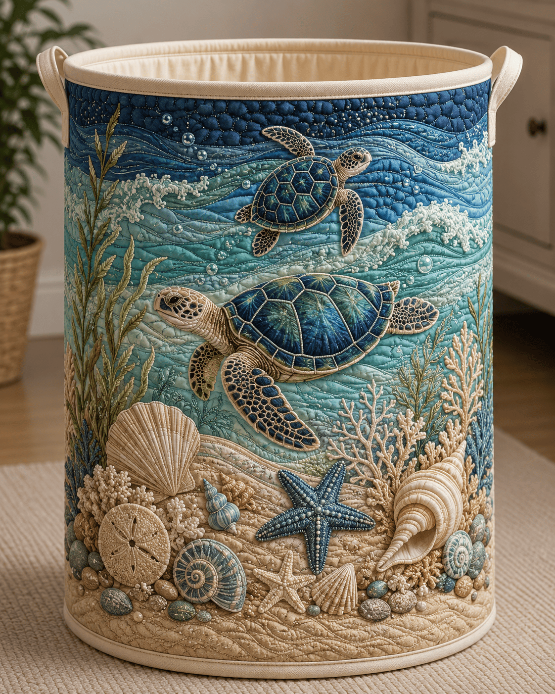 Coastal Sea Turtle Quilted Laundry Basket Nautical Nursery Hamper Gift Ideas For Decor Home