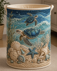 Coastal Sea Turtle Quilted Laundry Basket Nautical Nursery Hamper Gift Ideas For Decor Home