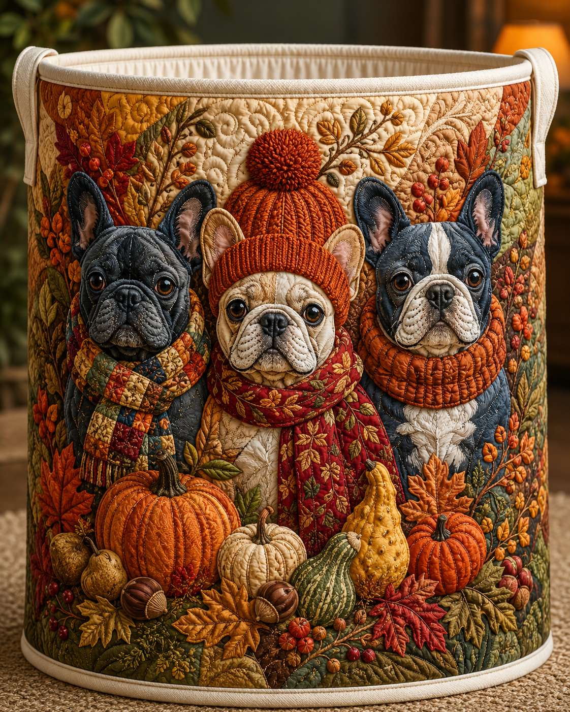 Cozy French Bulldog Autumn Harvest Quilted Laundry Basket Dog Lover Storage Bin Gift Ideas
