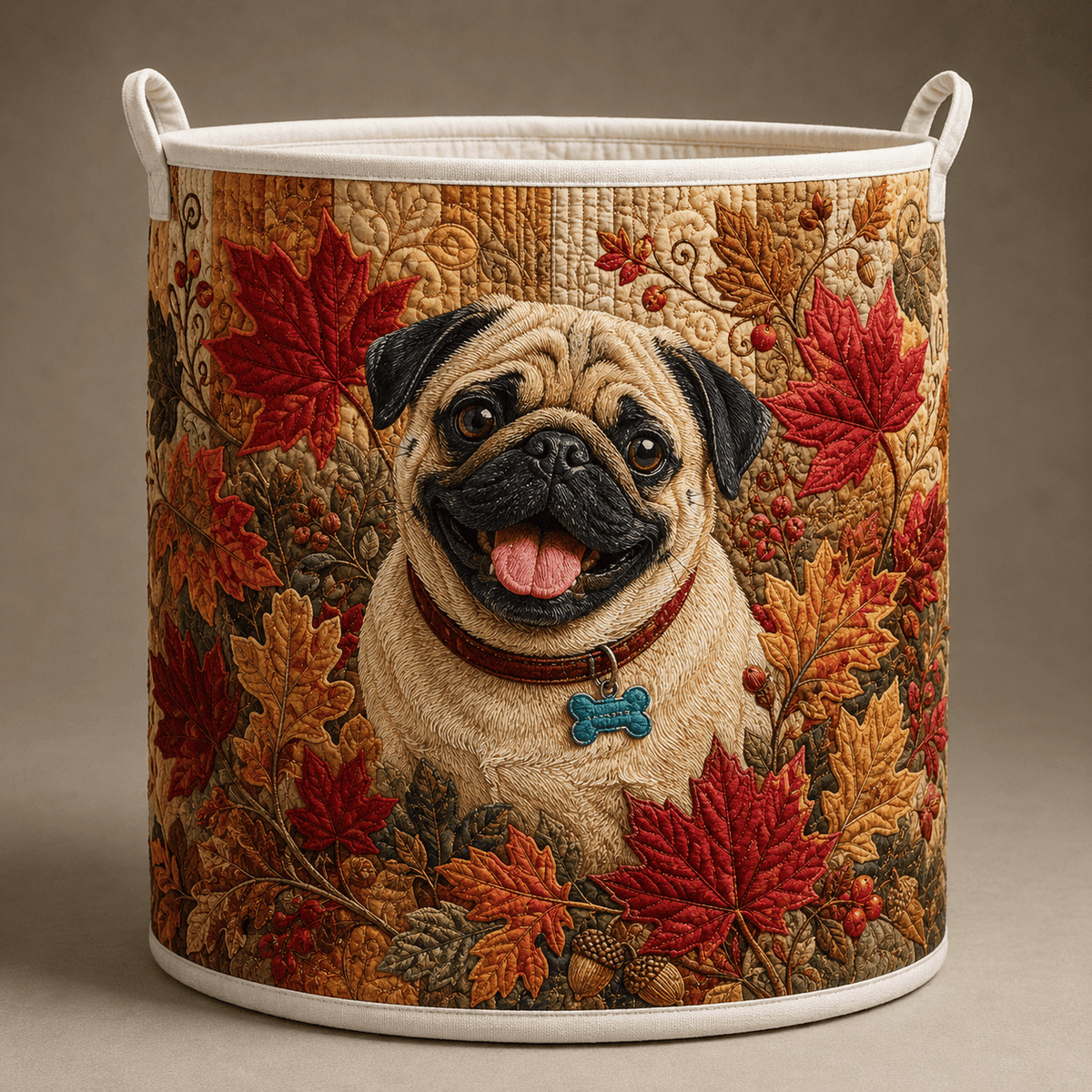 Happy Pug Autumn Maple Quilted Laundry Basket Cute Dog Storage Bin Pet Lover Gift For Her