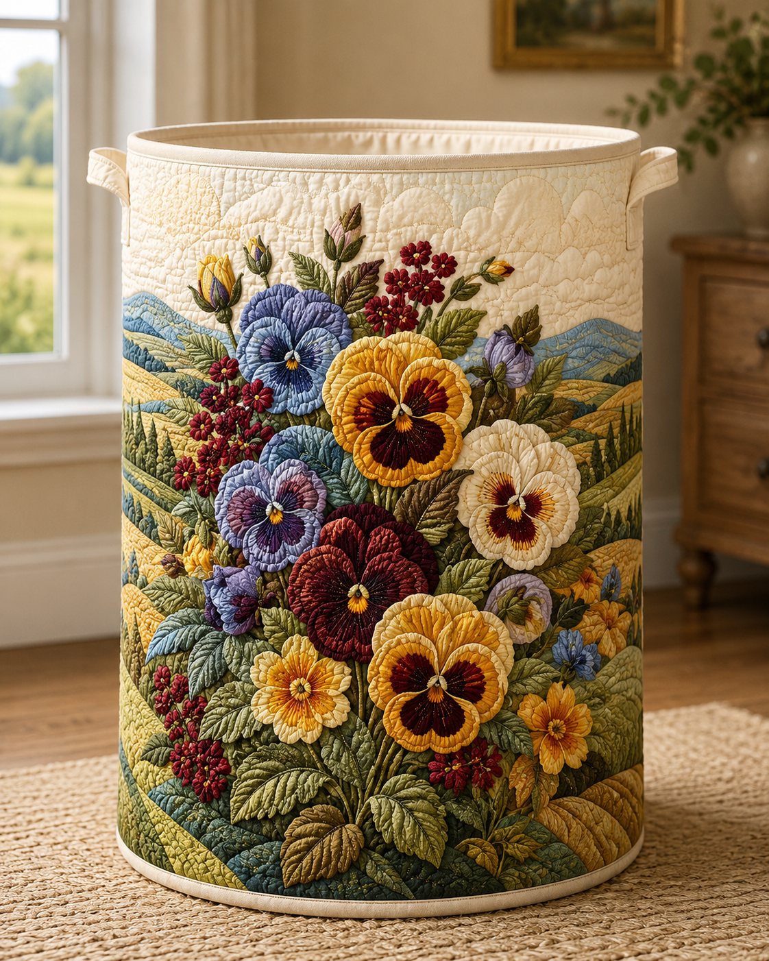 Heirloom Pansy & Golden Meadow Landscape Quilted Laundry Basket Gifts Ideas For Her