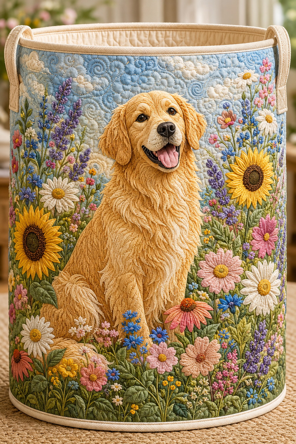 Joyful Golden Retriever Quilted Laundry Basket Cute Dog Lover Clothes Basket Dog Mom Gift