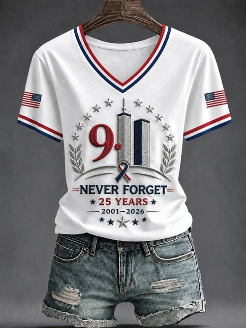 25th Anniversary V-Neck Shirt Never Forget Twin Towers 911 Merch Useful Gifts For Mom
