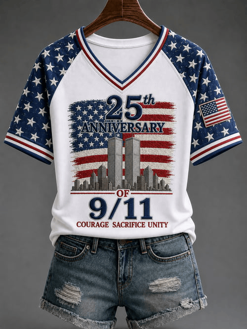 25th Anniversary V-Neck Shirt We Will Never Forget Twin Towers 911 Merch Present For Mom