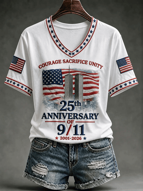 911 Courage Sacrifice Unity V-Neck Shirt Twin Towers Silhouette Patriotic Merch Birthday Gift