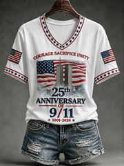 911 Courage Sacrifice Unity V-Neck Shirt Twin Towers Silhouette Patriotic Merch Birthday Gift