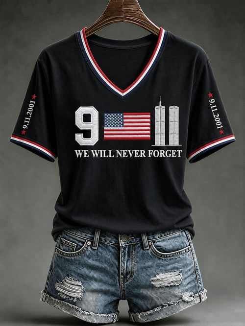 We Will Never Forget Twin Towers 911 V-Neck Shirt 25th Anniversary Merch Birthday Gift For Mom