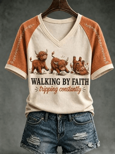 Walking By Faith Tripping Constantly V-Neck Shirt Highland Cow Tee Funny Gifts For Fans