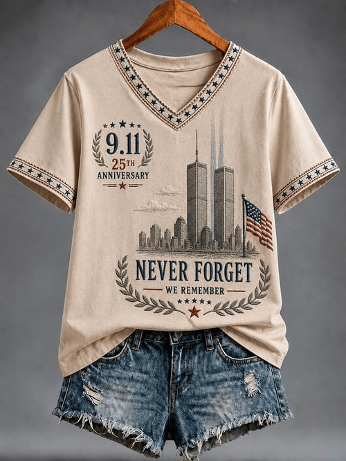 25th Anniversary V-Neck Shirt Never Forget Twin Towers 911 Merch Gifts For Your Mom
