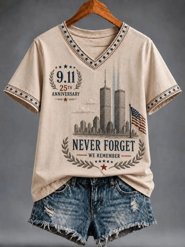 911 Never Forget V-Neck Shirt Twin Towers Silhouette Patriotic Shirt Unique Gifts For Fans