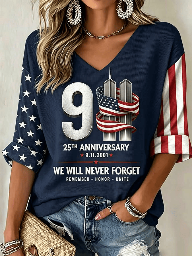 United We Stand 25 Years Never Forget 2001 2026 Cropped Sleeve V-Neck Shirt Gifts For Wife