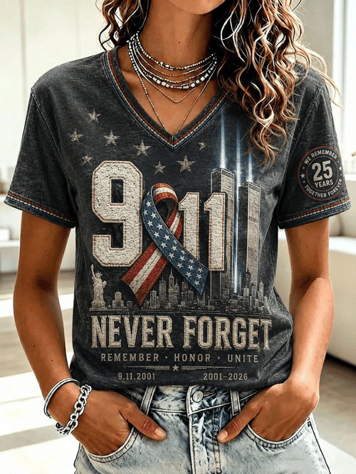 We Will Never Forget 911 25th Anniversary V-Neck Shirt Twin Towers Merch Unique Gift