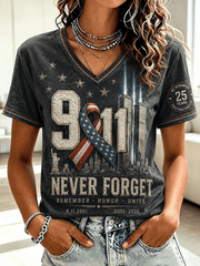 We Will Never Forget 911 25th Anniversary V-Neck Shirt Twin Towers Merch Unique Gift