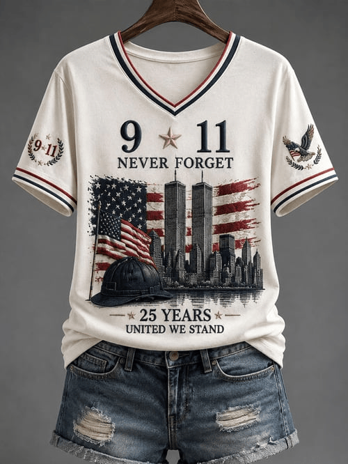 911 25th Anniversary Honoring The Heroes V-Neck Shirt We Will Never Forget Merch Best Gifts