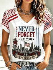 We Will Never Forget 911 25th Anniversary V-Neck Shirt Twin Towers Apparel Gift Patriots