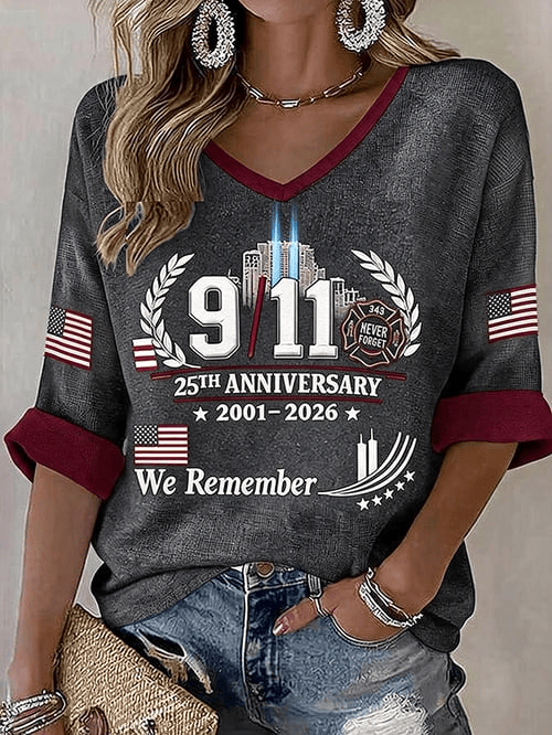 We Will Never Forget 9_11 Cropped Sleeve V-Neck Shirt 25th Anniversary Remember Clothes Gifts
