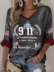 We Will Never Forget 9_11 Cropped Sleeve V-Neck Shirt 25th Anniversary Remember Clothes Gifts