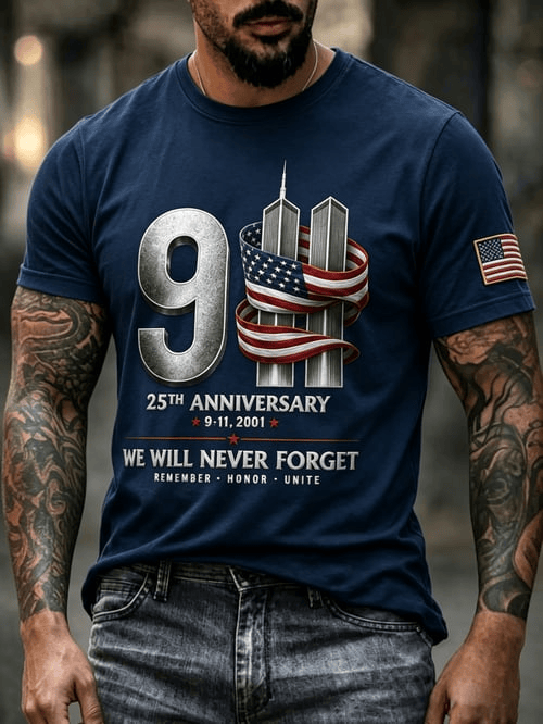 911 We Will Never Forget 2001 2026 T-Shirt Twin Towers Skyline American Clothing Present