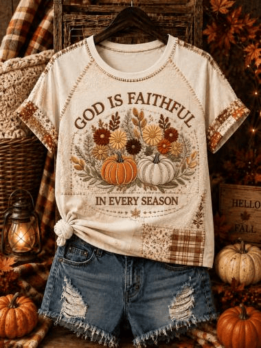 God Is Faithful In Every Season T-Shirt Autumn Pumpkins Floral Sunflowers Shirt Christian Faith