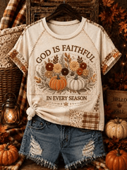 God Is Faithful In Every Season T-Shirt Autumn Pumpkins Floral Sunflowers Shirt Christian Faith