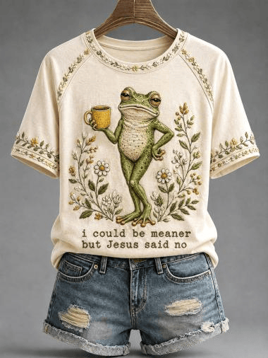 I Could Be Meaner But Jesus Said No T-Shirt Funny Green Frog Drinking Coffee Floral Daisy Shirt