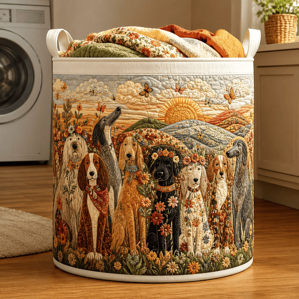 Floral Paws Quilt Laundry Basket Cute Dog Pet Storage Bin Gift For Dog Lovers