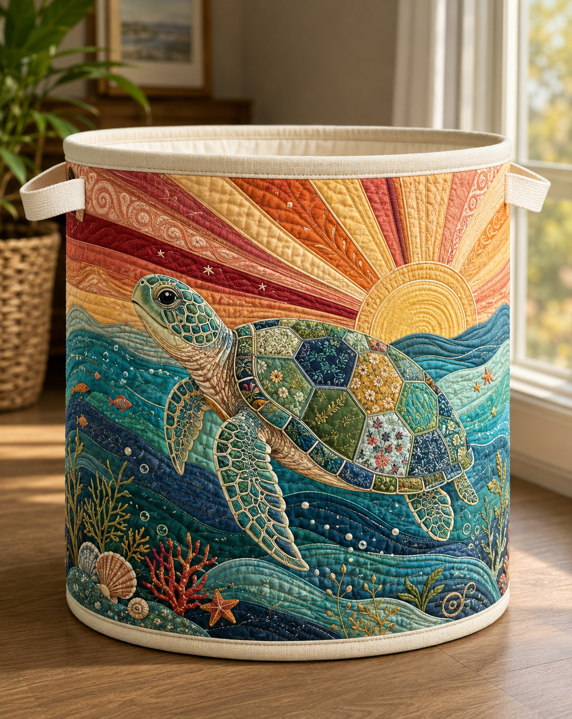 Floral Turtle Quilt Laundry Basket Sea Ocean Storage Bin Gift For Swimmers