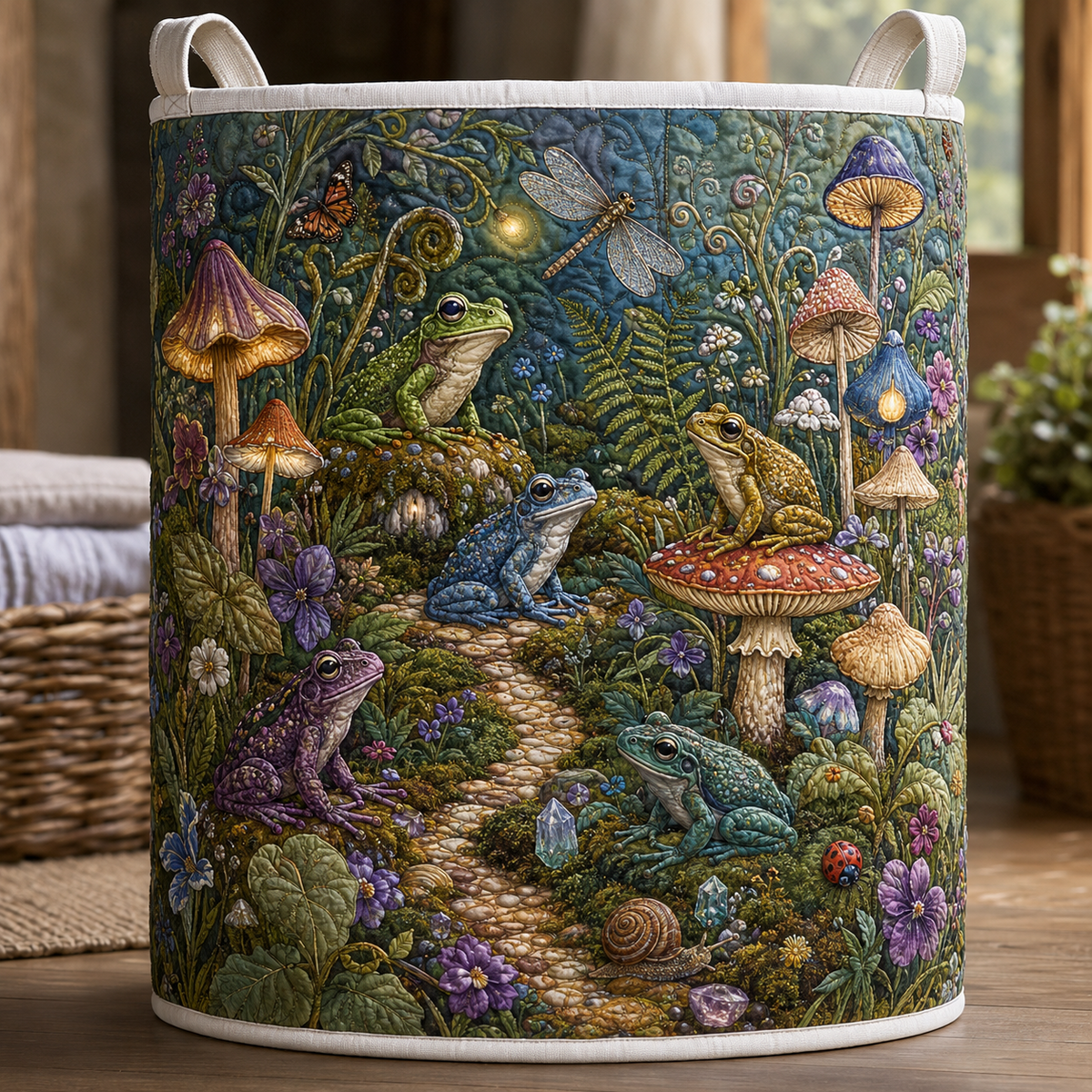 Frog Groove Quilt Laundry Basket Mushroom Nature Storage Bin Gift For Mom