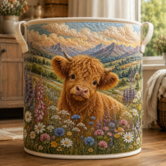 Highland Cow Quilt Laundry Basket Farm Animal Storage Bin Gift For Farmers
