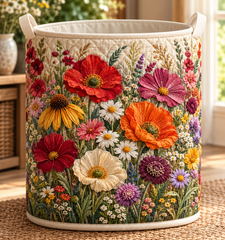 Wildflower Field Quilt Laundry Basket Blossom Meadow Storage Bin Gift For Her