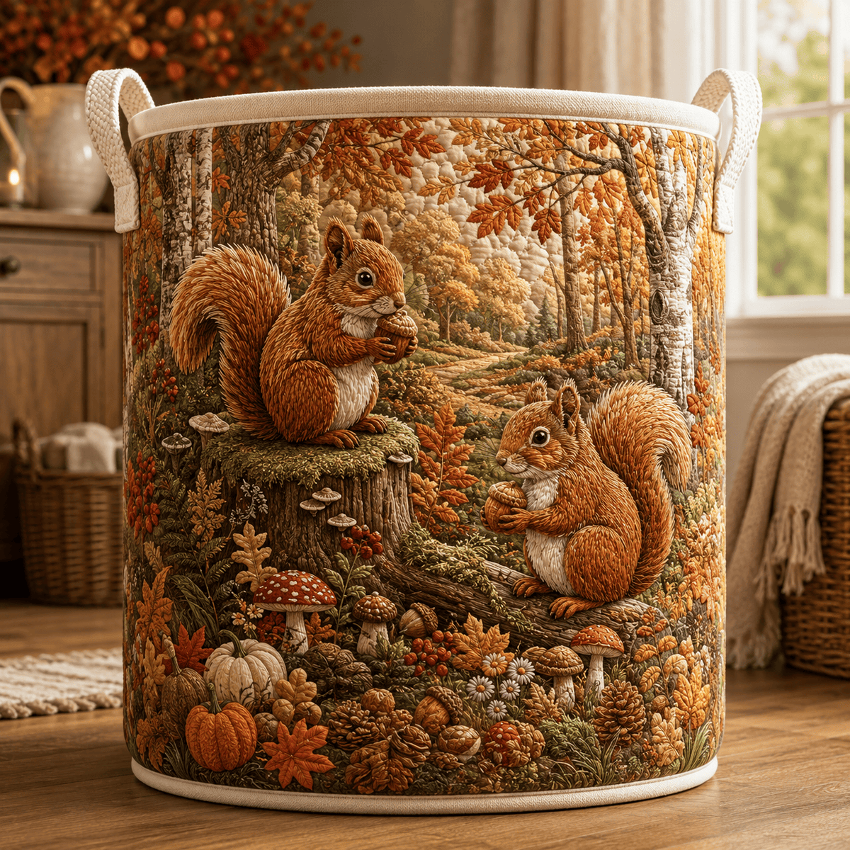 Woodland Squirrel Quilt Laundry Basket Autumn Animal Storage Bin Gift For Her